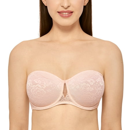 DELIMIRA Women s Strapless Bra Underwire Unlined Bandeau Floral Lace