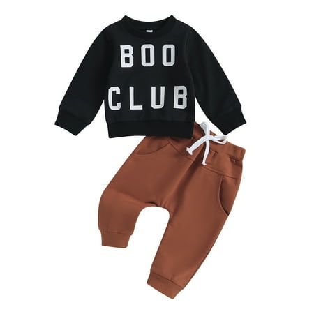 Baby Boys Pants Set Long Sleeve Crew Neck Letters Print Sweatshirt with Elastic Waist Sweatpants Halloween Clothes 0-3 Years