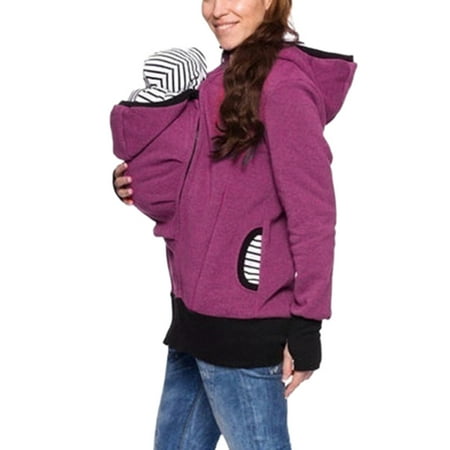 

TMGONE Women Maternity Striped Baby Pouch Carrier Hoodie Kangaroo Zipper Pregnancy Coat， Hot Pink， XXXL