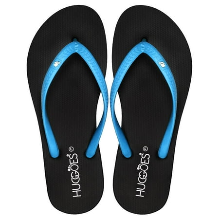 HUGGOES Ebony Natural Rubber Comfort Flip Flops for Women - Black/Light Blue