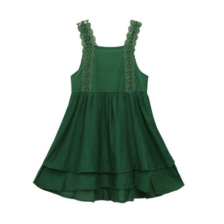 Girls Casual Teen Sleeveless Gallus Lace Falbala Tiered Princess Dress