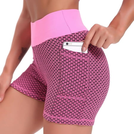 

ELFINDEA Shapewear Yoga Pants Casual Tight High Waist Hip Raise Pocket Bubble Honeycomb Three Pants Plus Size Body Suits for Womens Pink L