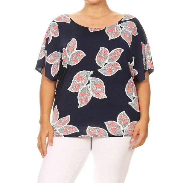 MOA COLLECTION Women's Plus Size Pattern Print Casual Short Sleeve Lightweight Top Tee/Made in USA