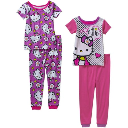 Hello Kitty Toddler Girl Cotton Tight Fit Short Sleeve PJ Set, 4-Pieces