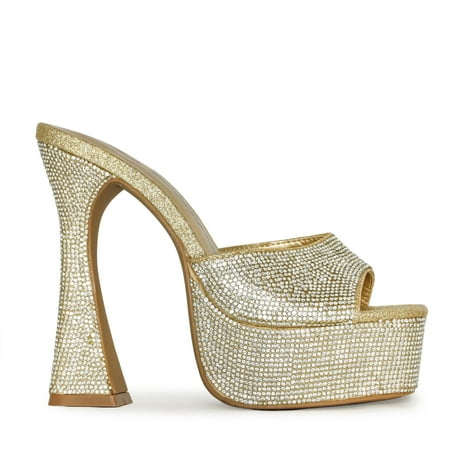 Wild Diva Rhinestone Square Toe Structural High Heel Mules (Gold 6.5)
