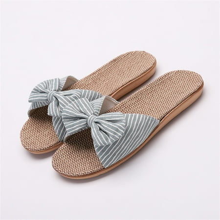 Yoslce Slippers for Women Female Bowknot Flax Linen Flip Flops Beach Shoes Sandals Slippers