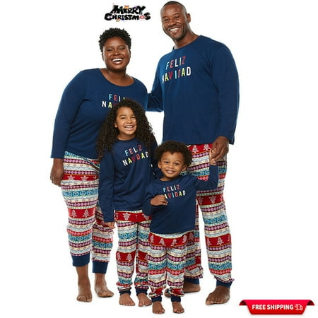 Family Christmas Pjs Matching Sets Blue Letters Print T-shirt + Pants
