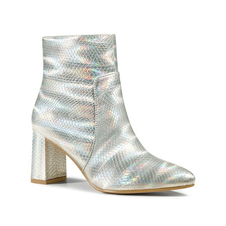 Allegra K Women s Pointed Toe Snake Print Chunky Heel Ankle Boots