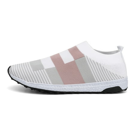 Women‘s Breathable Low Top Sneakers Color-block Striped Pattern Slip-on Casual Shoes Sock Sneakers