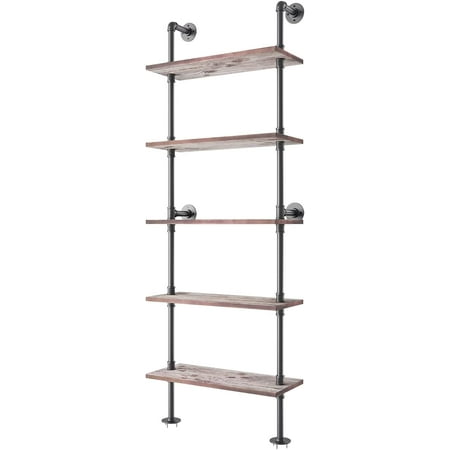 

LINSHUI 5 Tier Industrial Pipe Solid Wood Ladder Shelf/Shevles/Shelving Bookshelf/Bookcase Retro Metal Iron Pipes Wood Planks Rustic Display Wall Mounted for Collection Living Room Decor Storage