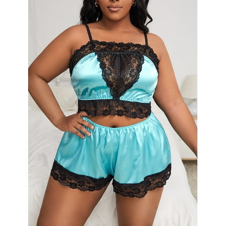 

Baby Blue Sexy Women s Plus Contrast Floral Lace Satin Lingerie Set 2022 1XL(14) Y061D