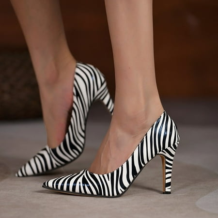 

High Heels Zebra Print Womens Pointed Toe Slip on Stilettos Party Wedding Pumps Basic Shoes