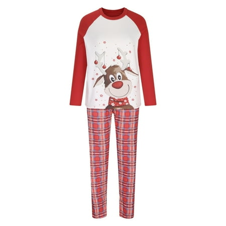 Leutsin Christmas Men Printed Blouse Round-Neck Tops+Pants Family Matching Pajamas Set