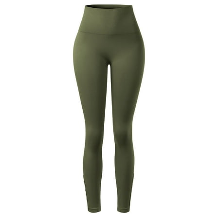 Made by Olivia Women's Lattice Hem Stretchy High Waist Tummy Control Seamless Leggings Army Green LX