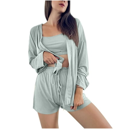 Women s 3 Piece Pajama Sets Casual Soft Crop Cami Tops and Drawstring Shorts Lounge Sets Sleepwear with Cardigan Ladies Clothes
Women s 3 Piece Pajama Sets Casual Soft Crop Cami Tops and Drawstring Shorts Lounge Sets Sleepwear with Cardigan Ladies Clothes
