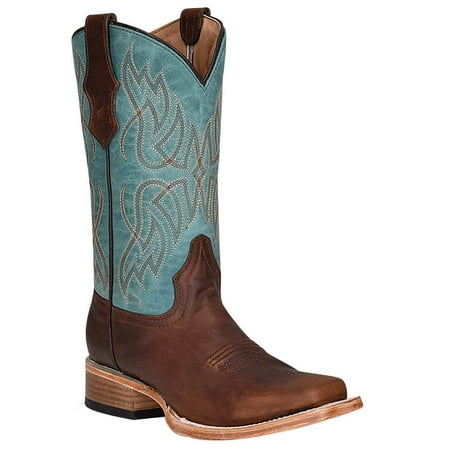 Circle G Boys J7106 Kids and Turquoise Top Sq Toe Boot 3.5 Brown