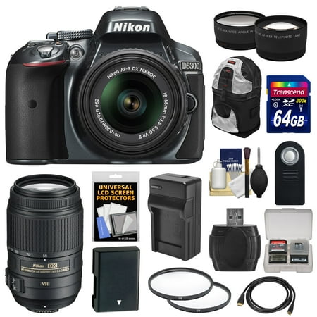 Nikon D5300 Digital SLR Camera & 18-55mm VR II Lens (Grey) with 55-300mm VR Lens + 64GB Card + Battery & Charger + Backpack + Tele\/Wide Lens Kit