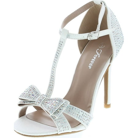 Forever Link Alina-64 Rhinestone Glitter TStrap Bow Detail Formal Heel
