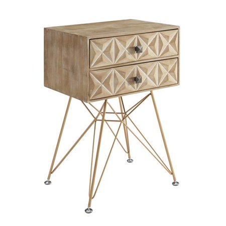 Benzara BM200081 Wooden Accent Table with Geometric Base & 2 Drawers, Brown & Gold