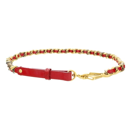 Miu Miu Red Narrow Leather Aged Distressed Gold Curb Chain Belt-26 for Womens