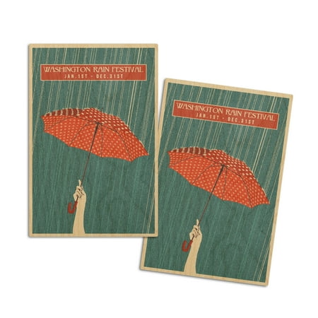 

Washington Rain Festival Umbrella Letterpress (4x6 Birch Wood Postcards 2-Pack Stationary Rustic Home Wall Decor)
