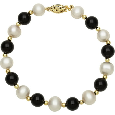 Genuine Cultured Freshwater Pearl and Black Onyx 14K Yellow Gold Strand Bracelet, 7.5