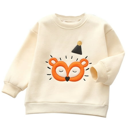 

Toddler Children Boys Girls Long Sleeve Embroidered Fox Round Collar Fleecy Hoodie Sweatshirt For Babys Clothes Beige 110