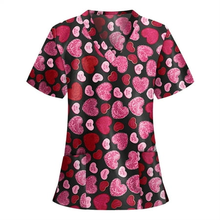 EINCcm Women Scrub Tops Print Scrub Tops Women Short Sleeve V-neck Tops Working Uniform Blouse Red M