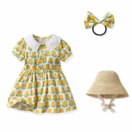 WHLBF Baby Girl Clothes Toddler Summer Flower Print Suspender Dress with Hat Hairpin Yellow 120(120)
WHLBF Baby Girl Clothes Toddler Summer Flower Print Suspender Dress with Hat Hairpin Yellow 120(120)