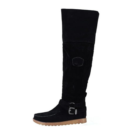 KBKYBUYZ Round Toe Fashion Women s Boots Casual Belt Buckle Low Heel Flat Boots