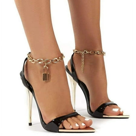 

Womens Metallic Strap Pumps Pointed Toe Lock Pendant Metallic Strap Lobster Clasp Stiletto Heel Dress Sandals