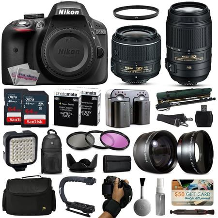Nikon D3300 DSLR Digital Camera with 18-55mm VR II + 55-300mm VR Lens + 128GB Memory + 2 Batteries + Charger + LED Video Light + Backpack + Case + Filters + Auxiliary Lenses + $50 Gift Card + More! Nikon D3300 DSLR Digital Camera with 18-55mm VR II + 55-300mm VR Lens + 128GB Memory + 2 Batteries + Charger + LED Video Light + Backpack + Case + Filters + Auxiliary Lenses + $50 Gift Card + More!