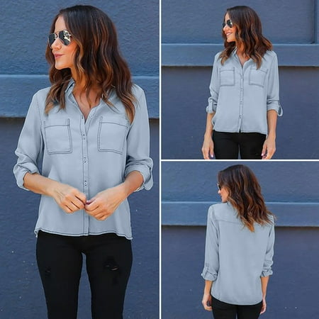 Womens Button Down V Neck Denim Shirts Long Sleeve Blouse Roll Up Cuffed Sleeve Casual Work Plain Tops with Pockets
Womens Button Down V Neck Denim Shirts Long Sleeve Blouse Roll Up Cuffed Sleeve Casual Work Plain Tops with Pockets