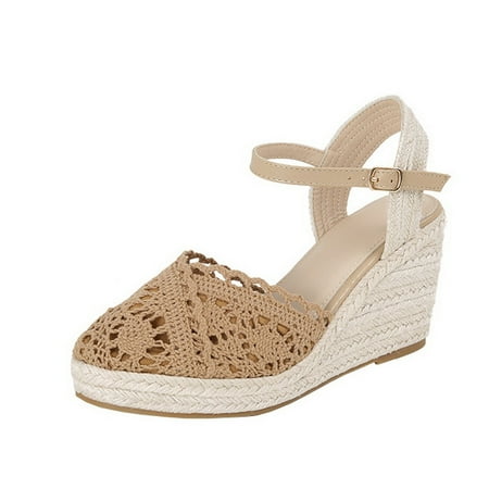 Women‘s Woven Hemp Rope Wedge Shoes Closed Toe Ankle Strap Wedge Sandals