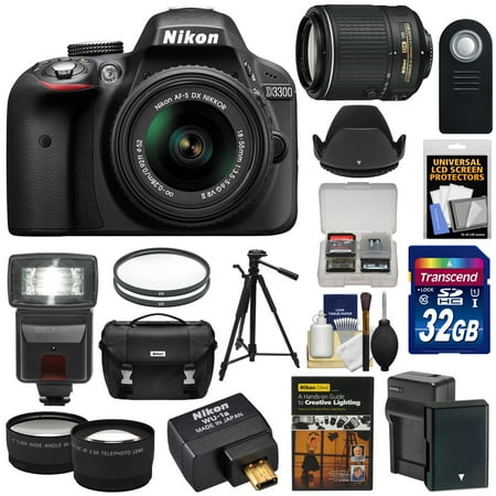 Nikon D3300 Digital SLR Camera & 18-55mm (Black) & 55-200mm VR II Lens + WU-1a Wi-Fi Adapter + 32GB + Case + Battery + Tripod + Flash + 2 Lens Kit Nikon D3300 Digital SLR Camera & 18-55mm (Black) & 55-200mm VR II Lens + WU-1a Wi-Fi Adapter + 32GB + Case + Battery + Tripod + Flash + 2 Lens Kit