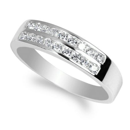 White Gold Plated Double Channel Round CZ Wedding Band Ring Size 4-10