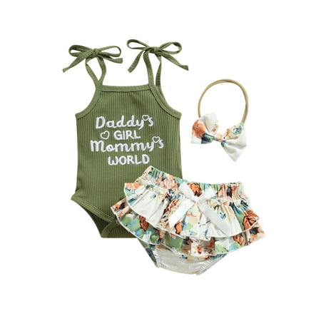 Baby Girl 3Pcs Outfits Sleeveless Self-Tie Strap Rib Knit Romper and Bloomer Shorts and Headband Set
Baby Girl 3Pcs Outfits Sleeveless Self-Tie Strap Rib Knit Romper and Bloomer Shorts and Headband Set