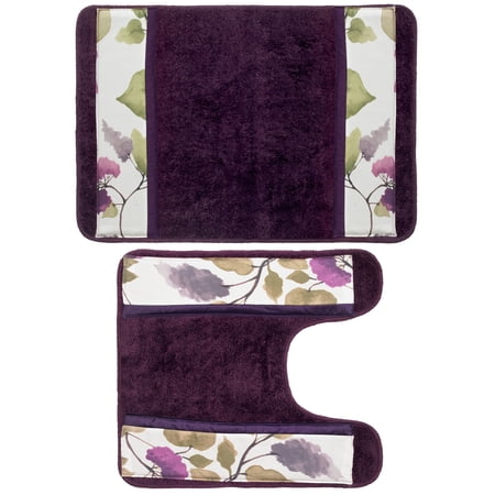 Popular Bath Jasmine Plum Collection Bathroom Banded Bath & Contour Rug Set