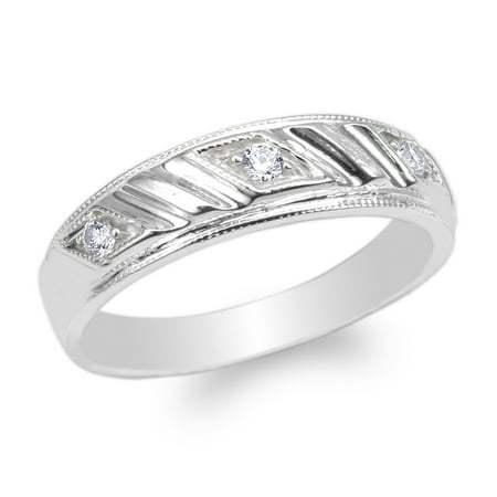Womens 10K White Gold Round CZ Pattern Wedding Band Ring Size 4-10
