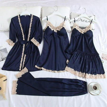 Silk Robe Sleep Suit Womens Lace Satin Pajamas Gown Set V-Neck Cami Nighties Wear Pijama Home Nightwear Spring Nightdress
Silk Robe Sleep Suit Womens Lace Satin Pajamas Gown Set V-Neck Cami Nighties Wear Pijama Home Nightwear Spring Nightdress