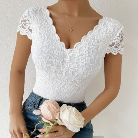 UoCefik Womens Sexy Lace Bodysuit Short Sleeve Babydoll One Piece Lingerie