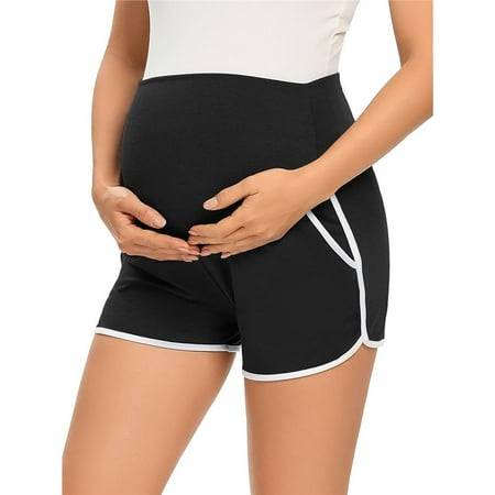 Ecavus Maternity Shorts Casual Stretchy Pregnancy Pants Black White S
