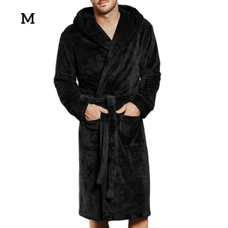 Men Nightgown Winter Hooded Robe Long SPA Sleeve Bathrobe