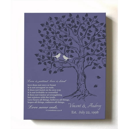 MuralMax Personalized Anniversary Family Tree Artwork - Love is Patient Love Is Kind Bible Verse - Unique Wedding & Housewarming Canvas Wall Decor Gifts - Color Purple - Size 16 x 20