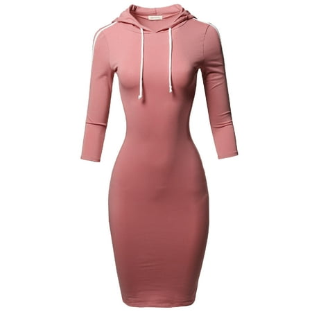 FashionOutfit Women's Casual Solid 3/4 Sleeve Hoodie Dress with Contrast Taping Sleeve