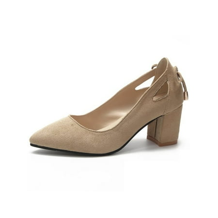 Daeful Women s Heels Closed Toe Wedding Dress Pumps Shoes Beige 9