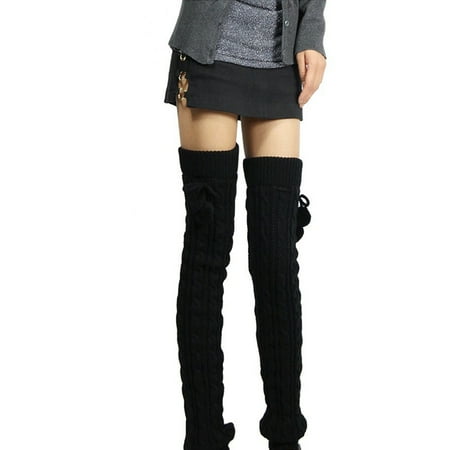 Women Winter Braided Cable Knit Thigh High Long Leg Warmers with Pompom Ball