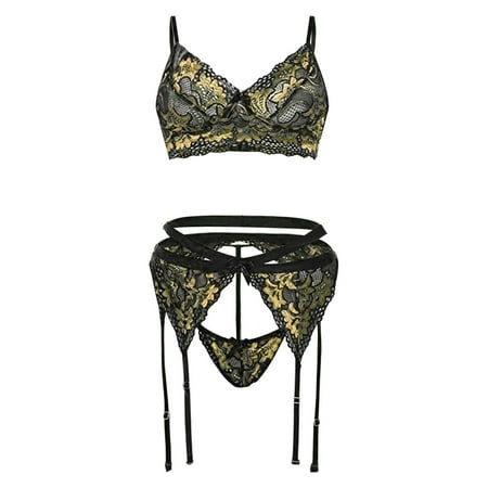 Women Embroidery Lace Bra Lingerie With Garter +Thong Set Underwear