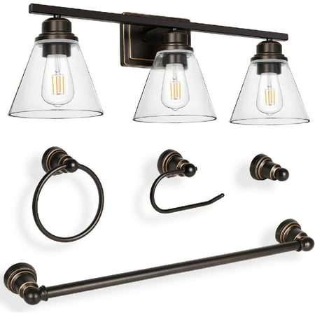 3-Light Vanity Light Fixture 5-Piece All-in-One Bathroom Set (Led Edison Bulbs as Bonus) Oil Rubbed Bronze Wall Sconce Lighting with Glass Shads ETL Listed
3-Light Vanity Light Fixture 5-Piece All-in-One Bathroom Set (Led Edison Bulbs as Bonus) Oil Rubbed Bronze Wall Sconce Lighting with Glass Shads ETL Listed