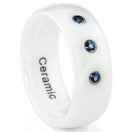 White Ceramic Dome Men's Wedding Band Ring with Blue Sapphire Stones, 8mm